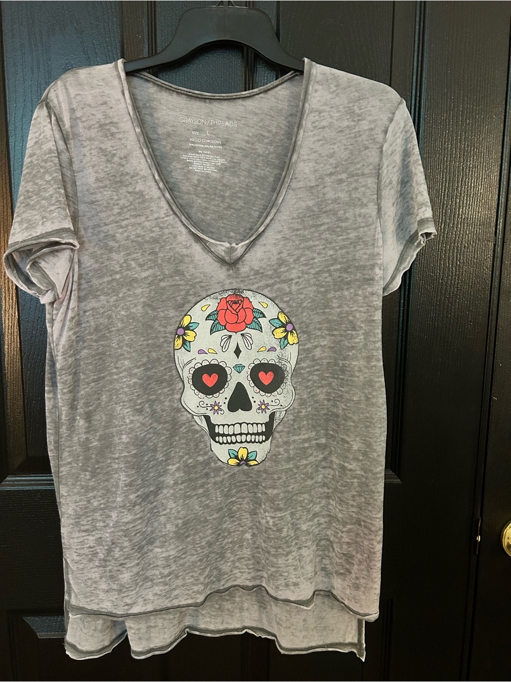 Grey V-Neck Short Sleeve Tee with Floral Sugar Skull Graphic